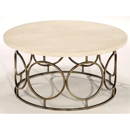 Round Cocktail Table with Travertine Top and Circular Antiqued Brass Base
